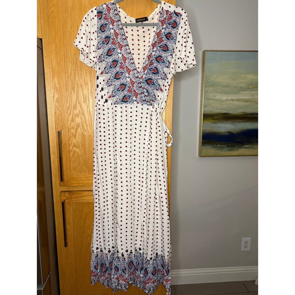Reborn Women White Paisley Diamond Print Wrap Maxi Dress Plus 1X Cottage